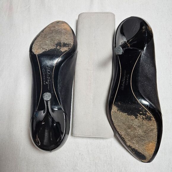 Salvatore Ferragamo Classic Black Calves Leather & Patent Leather Slip On Heels - Picture 8 of 13